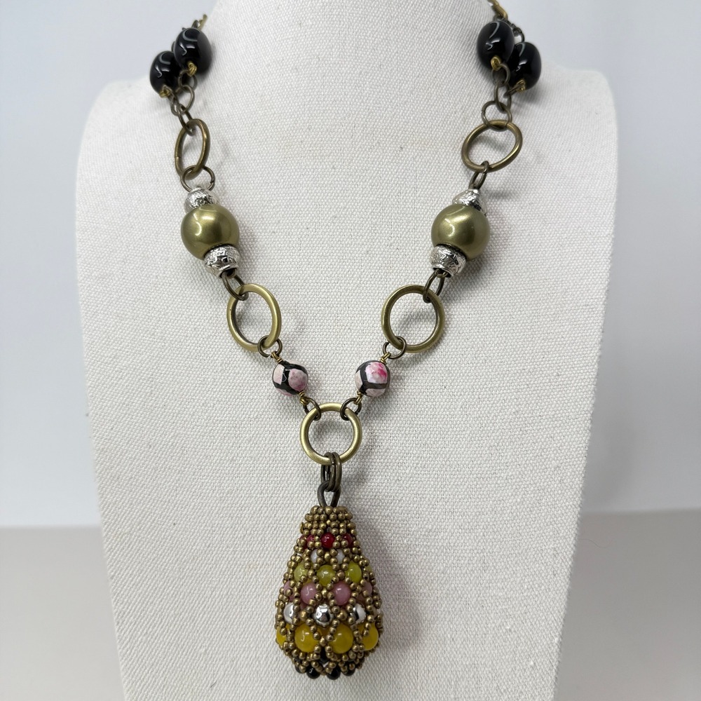 Pam Hiran Beaded Necklace Multi Color Beads Gold Tone Chain‎ Funky Statement